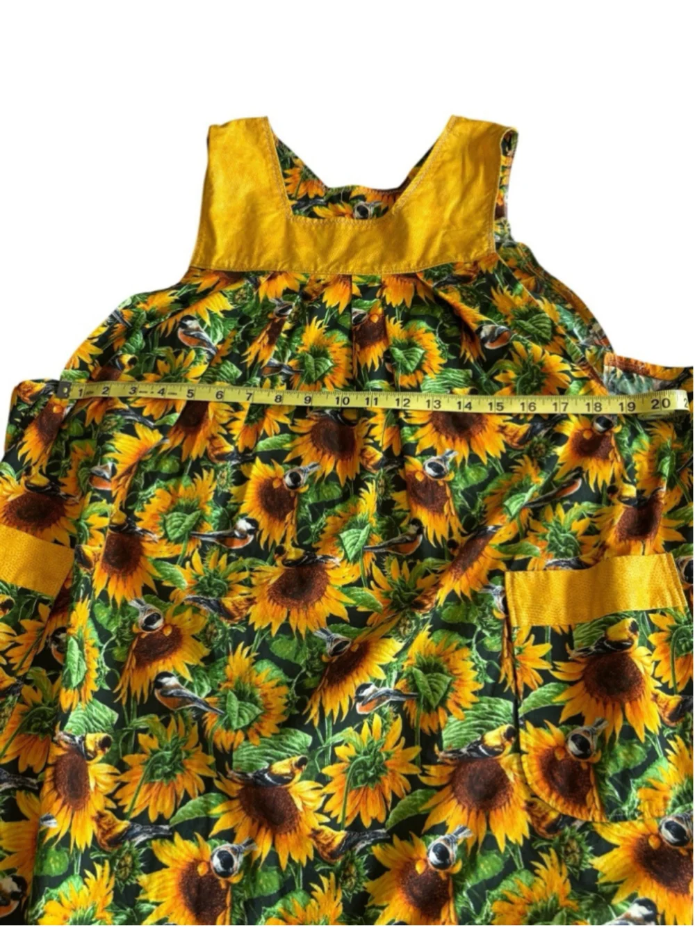 Handmade Sunflower Bird Print Smock Apron Pinafore Open Back Pockets Vintage